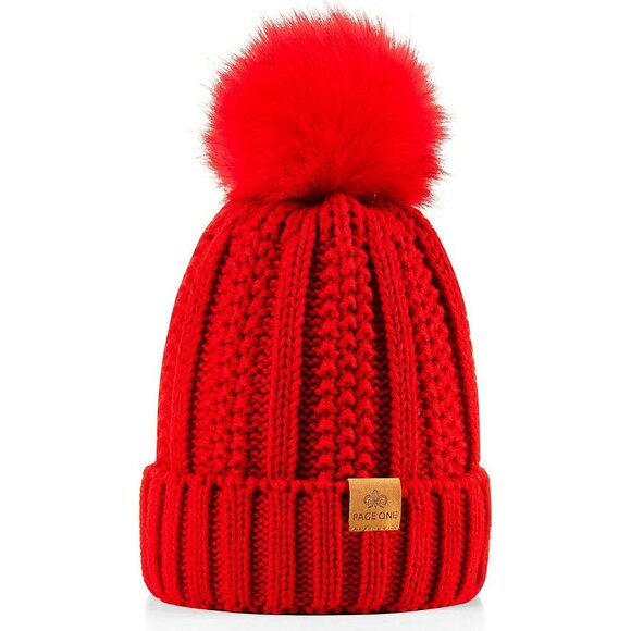 Women\'s Faux Fur Fleece Lined Dark Red Winter Thick Pom Skull Beanie Hat Cap main image 5